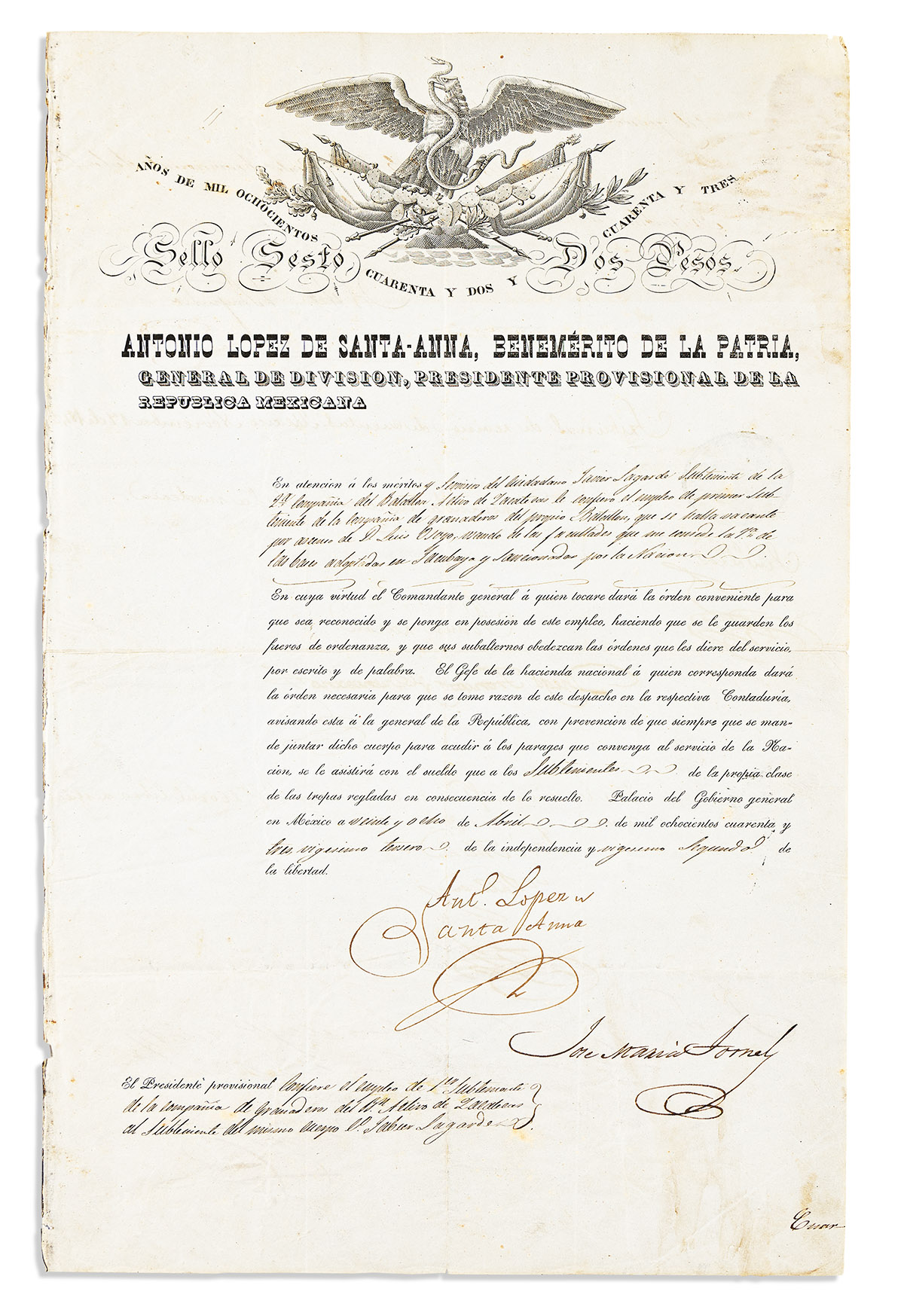 SANTA ANNA, ANTONIO LÓPEZ DE. Partly-printed Document Signed, as Provisional President,